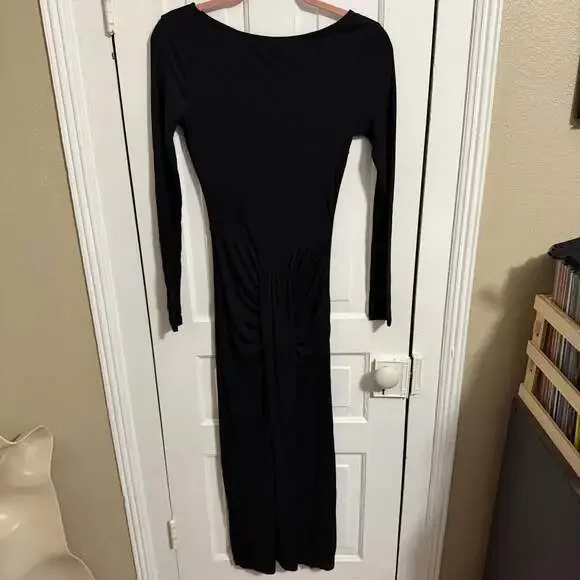 Staud Gres Midi Dress Black Ruched Slimming Long Sleeve Boat Neck Minimal Small - Picture 4 of 12